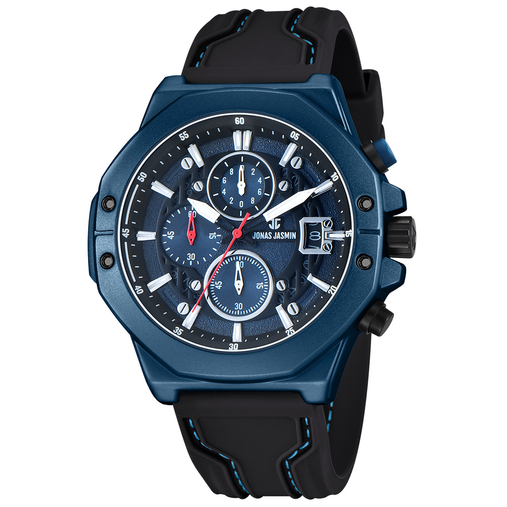 【Jonas Jasmin 喬納斯】 JJ-5353MC 質感 紳士 三眼 計時 日期顯示 夜光 矽膠 手錶