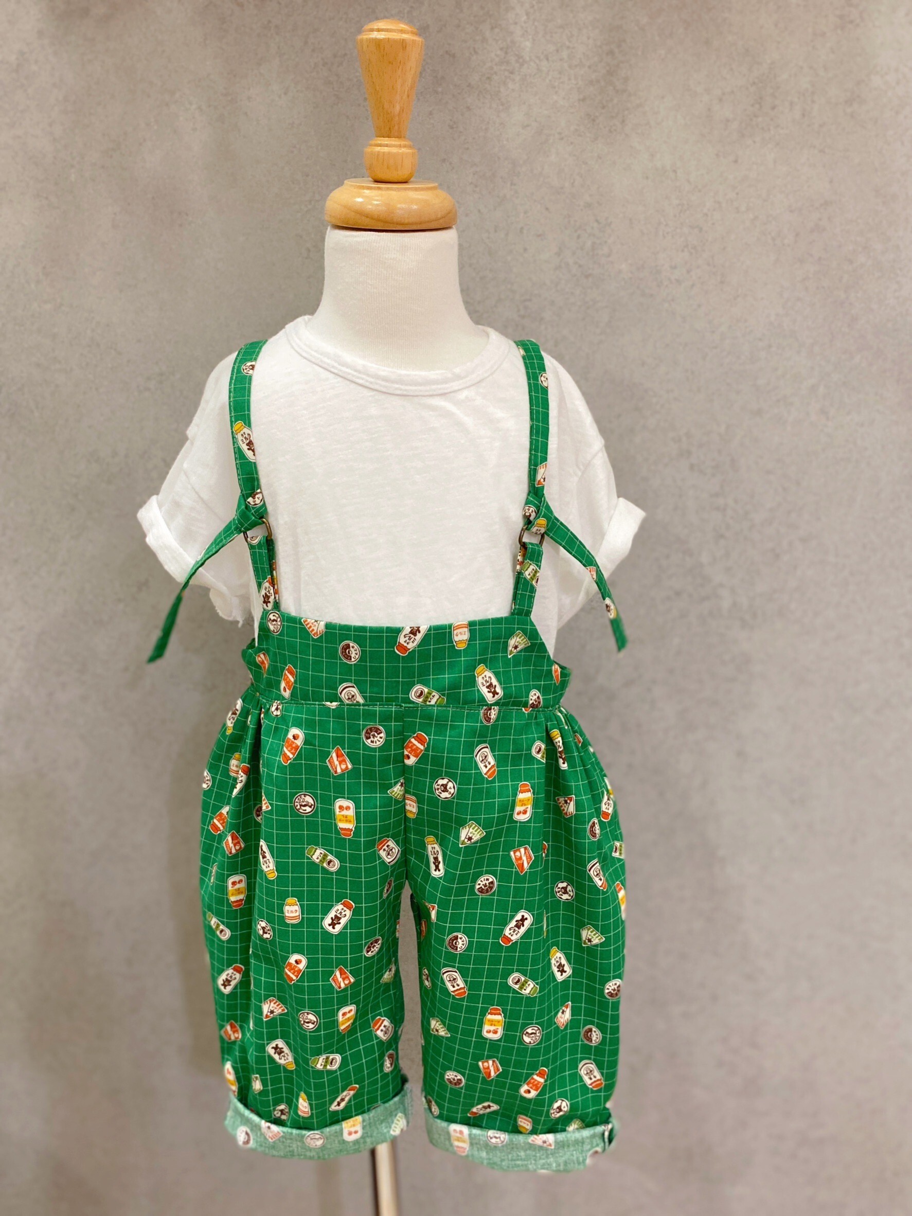 綠格牛乳瓶 綁帶吊帶褲(90)