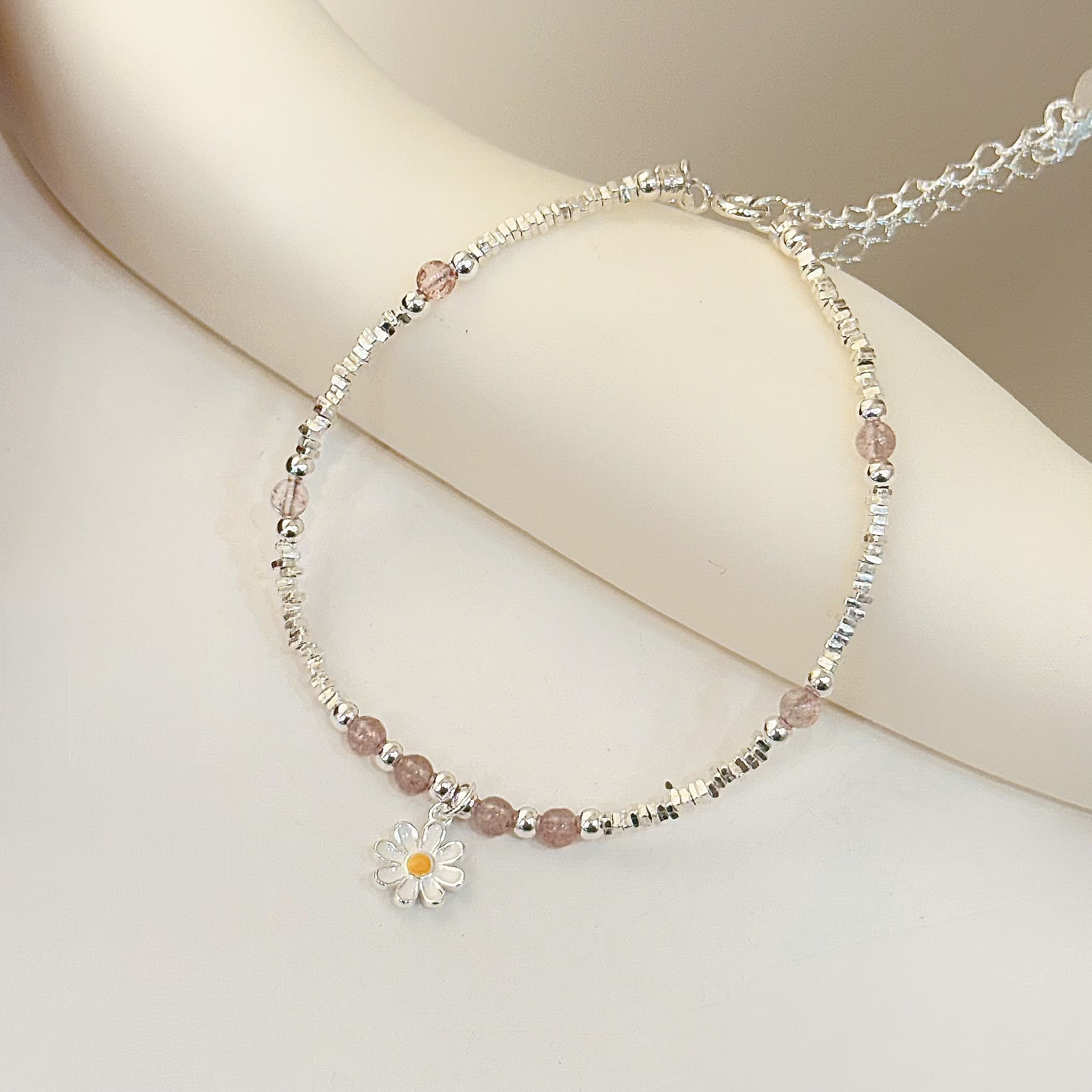 K105碎銀水晶小雛菊純銀手鍊