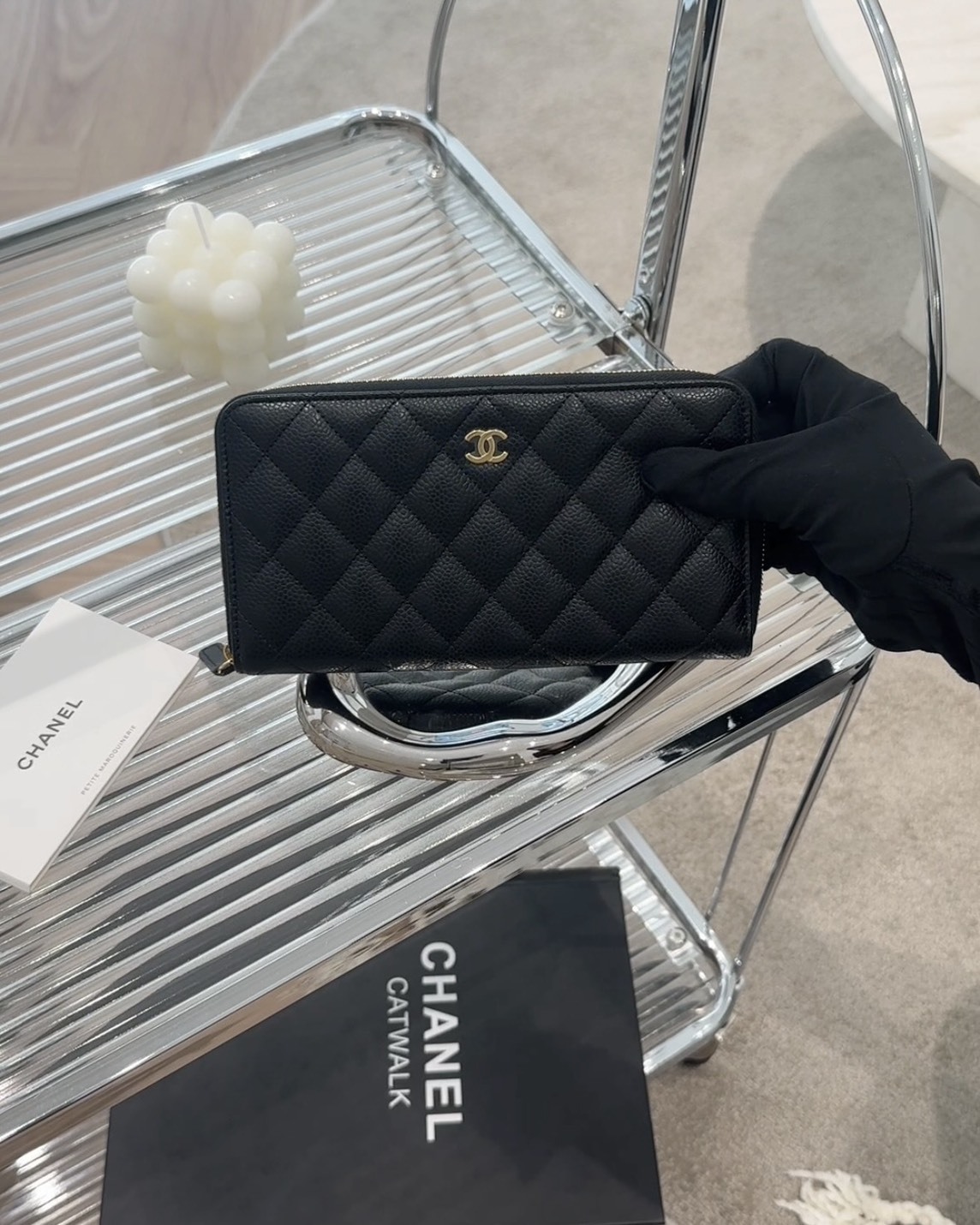 CHANEL｜荔枝ㄇ字拉鍊長夾 黑金19.5*2*10.5 cm
