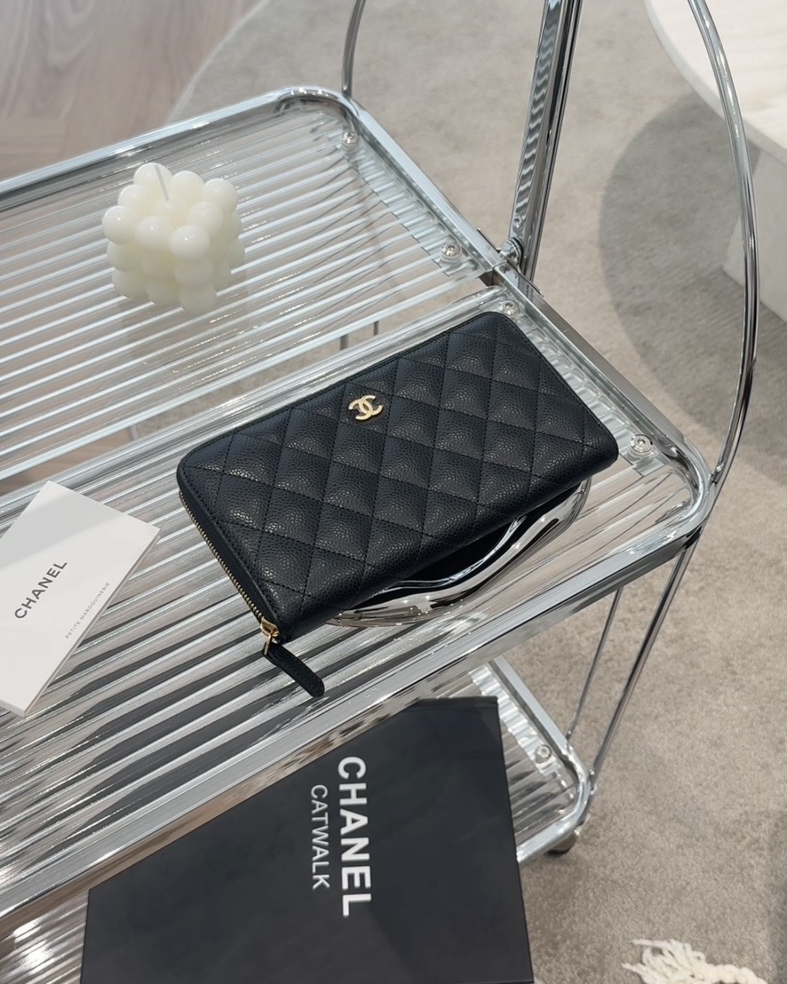 CHANEL｜荔枝ㄇ字拉鍊長夾 黑金19.5*2*10.5 cm