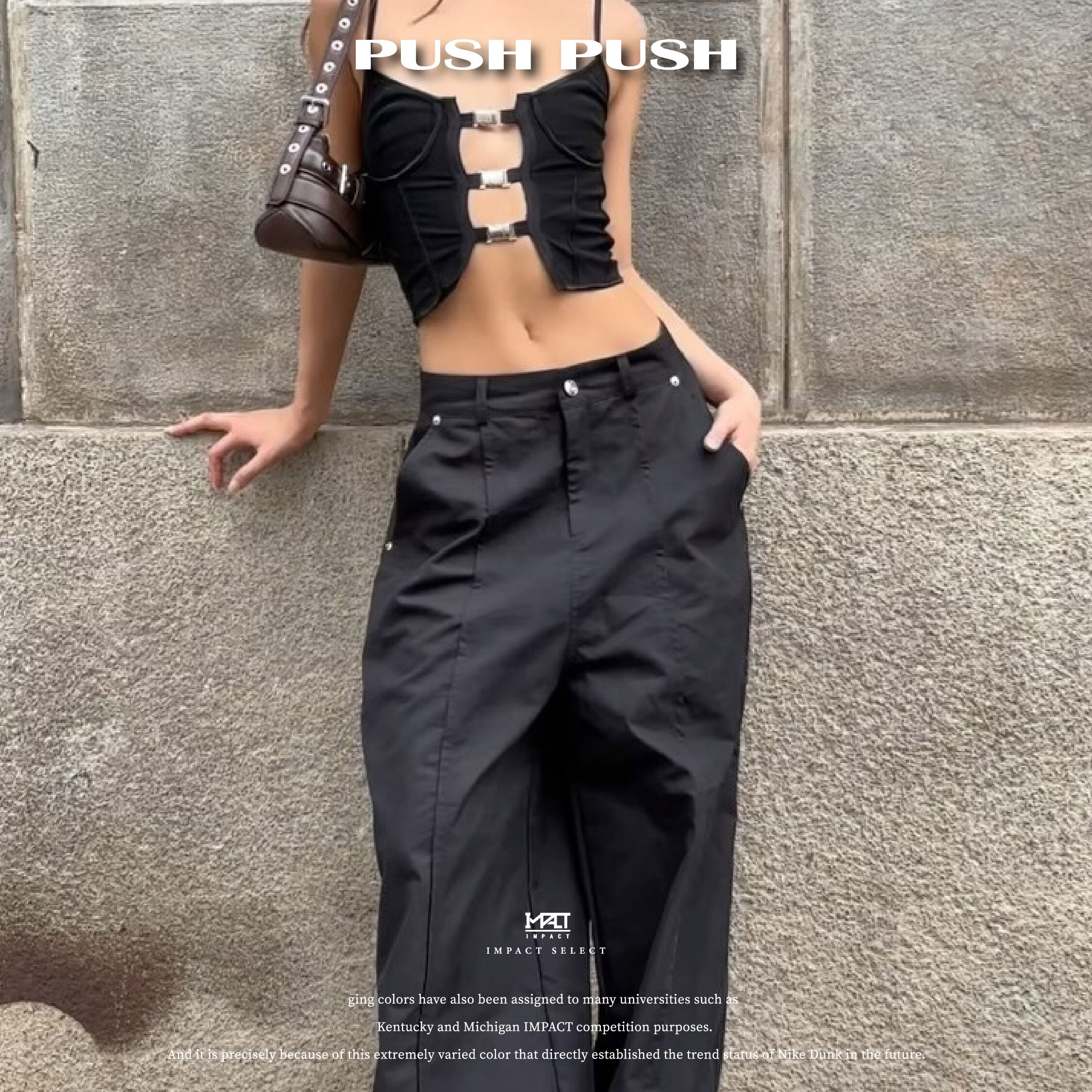 PUSH PUSH SONIC PANTS 鈕扣 低腰 卡其 寬鬆褲 黑