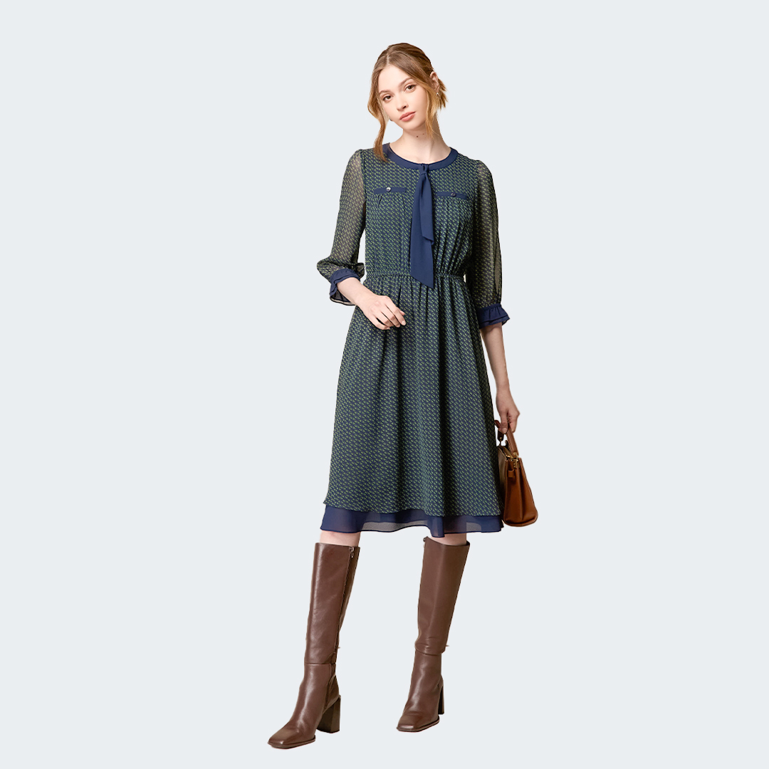 知性低調雪紡印花七分袖洋裝