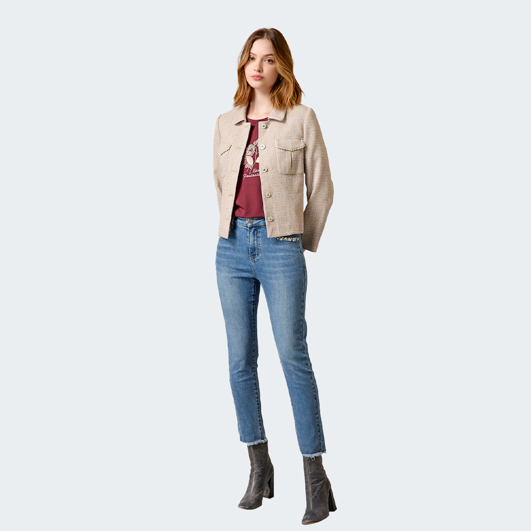 柔煦珍珠裝飾褲腳不收邊直筒牛仔褲