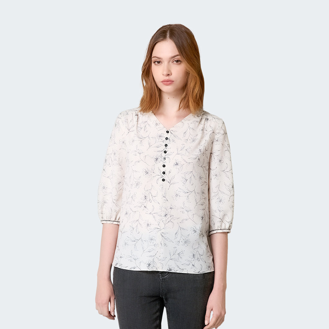 晨光葉影印花七分袖上衣