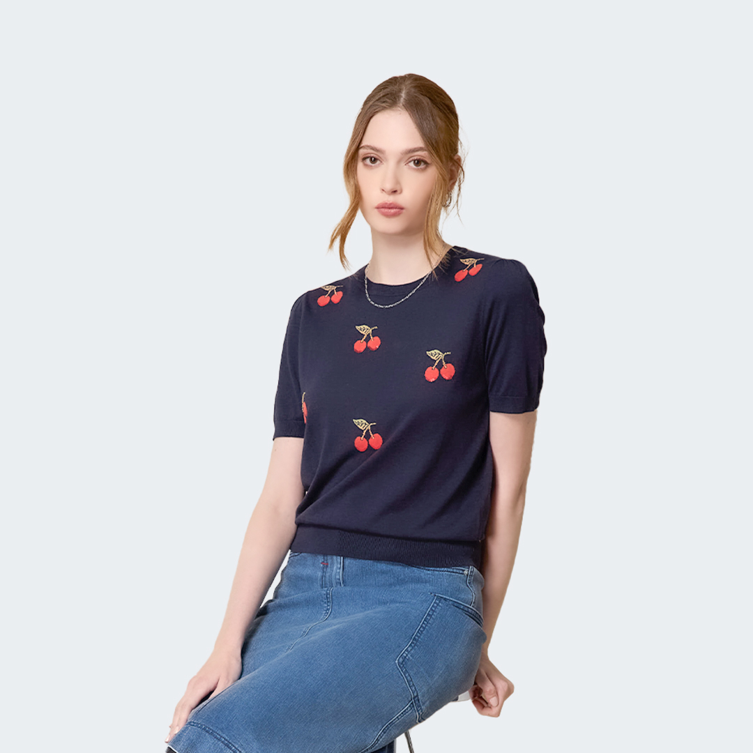 桑蠶絲混紡亮片櫻桃針織上衣