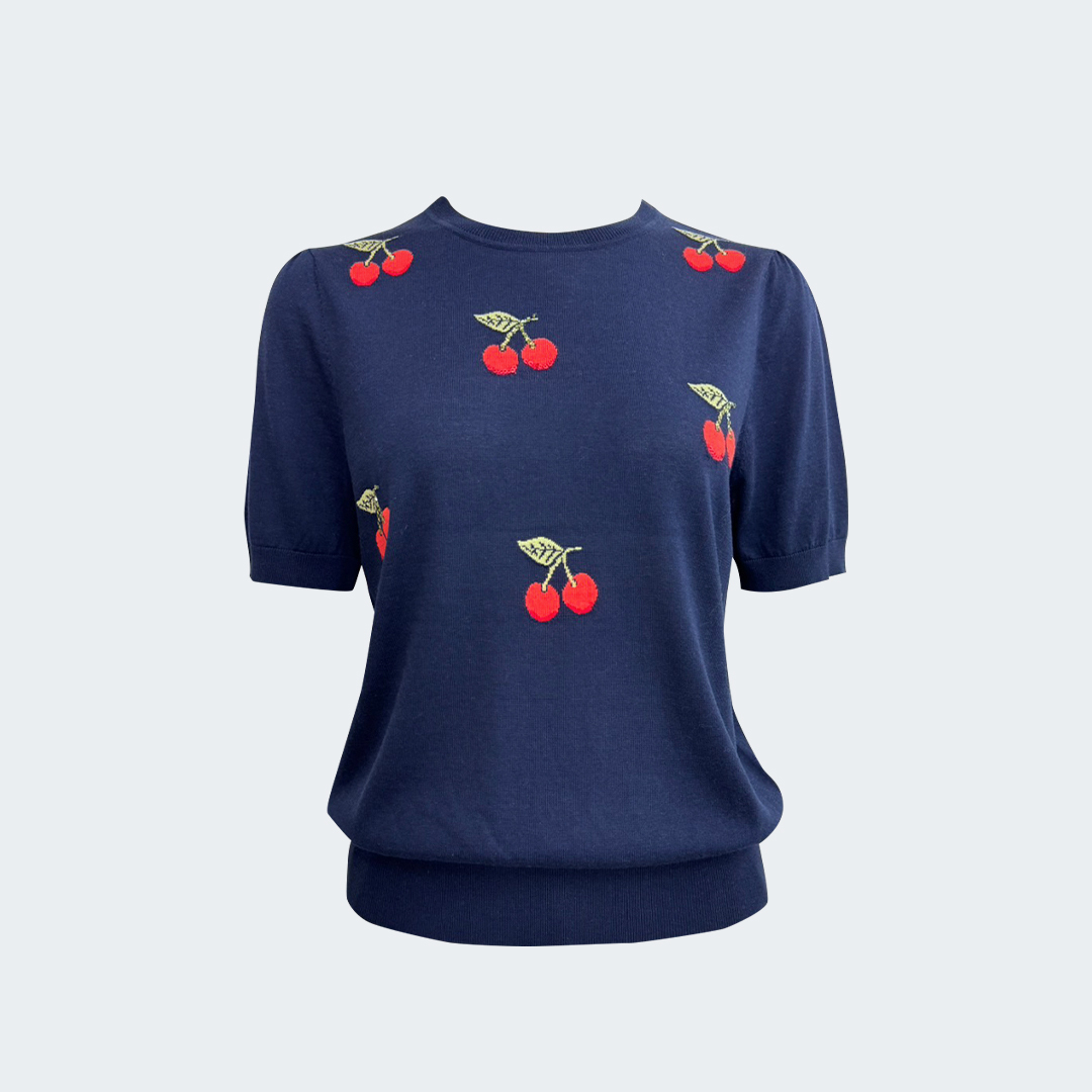 桑蠶絲混紡亮片櫻桃針織上衣