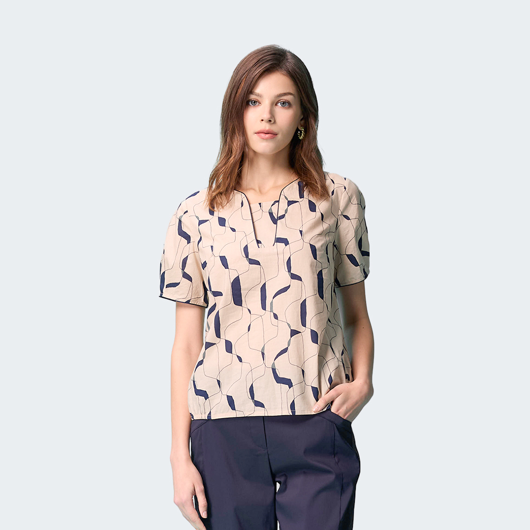 流線韻律幾何印花純棉上衣