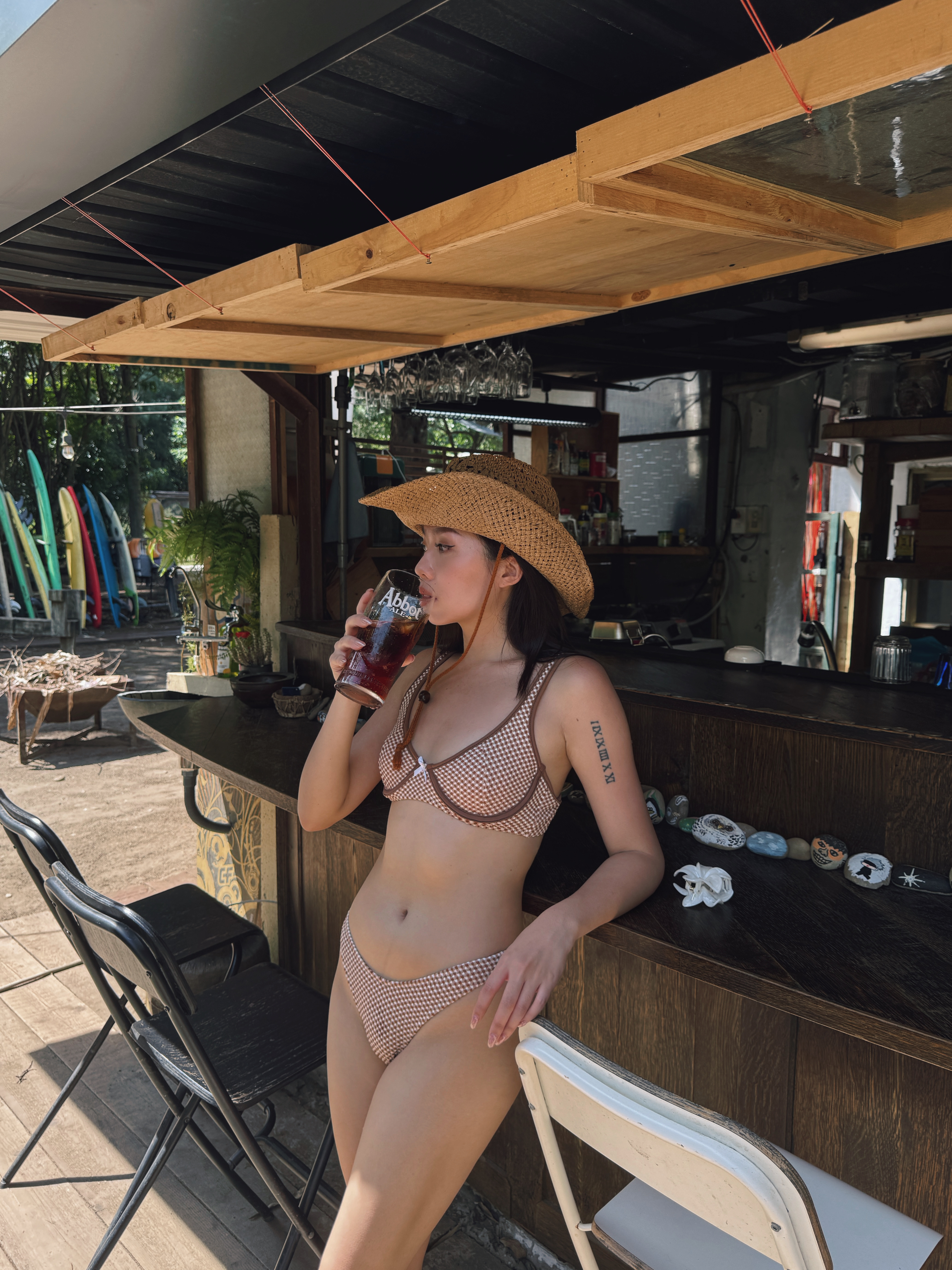 美式甜心🥨棕色格紋鋼圈Bikini