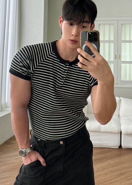 條紋羅紋亨利領撞色短袖T恤
