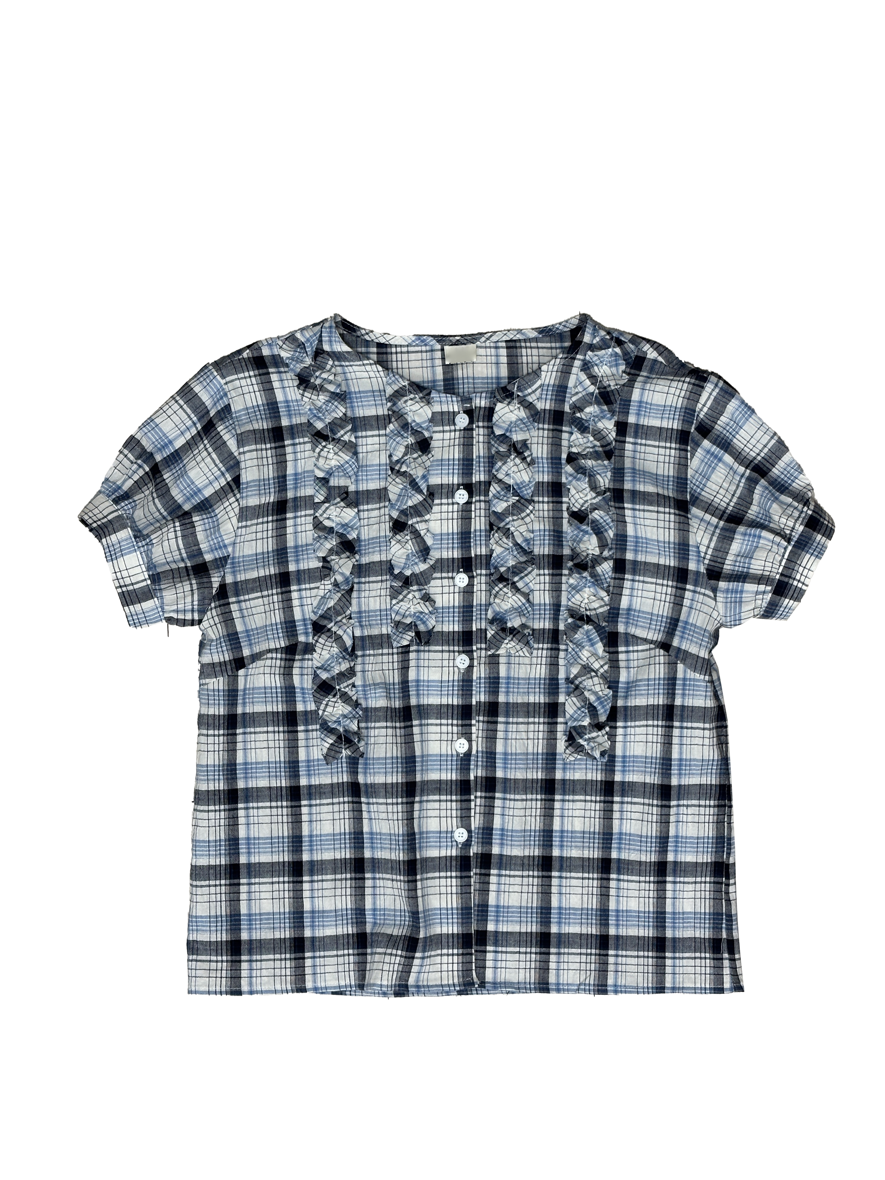 Ruffle皺皺布格紋圓領上衣