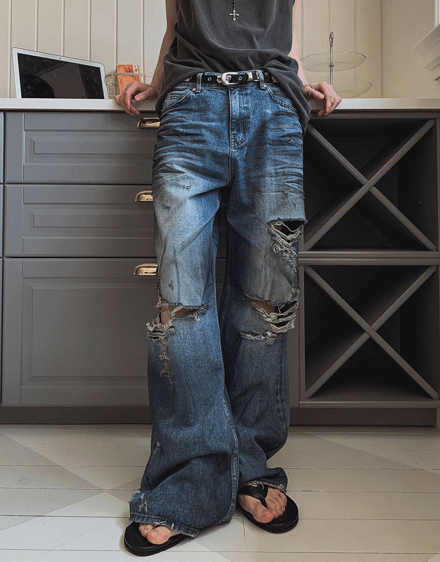 超級破洞染洗牛仔褲