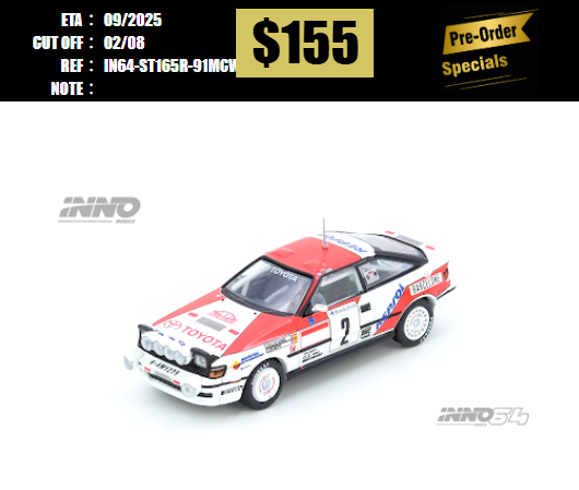 PO-$155 * INNO64 * 1:64 INNO 1/64 Die-cast TOYOTA CELICA GT-FOUR (ST165) Winner Rally Monte Carlo 1991 C. Sainz / L. Moya [OD23/07]