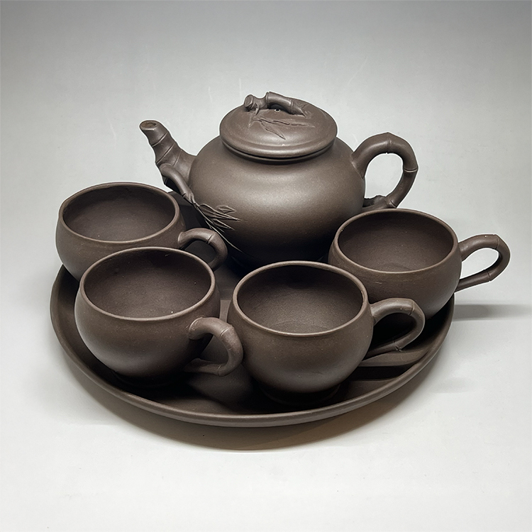 茶香自在】一九八零年代六頭竹報春紫砂壺一壺一盤四杯500C.C.