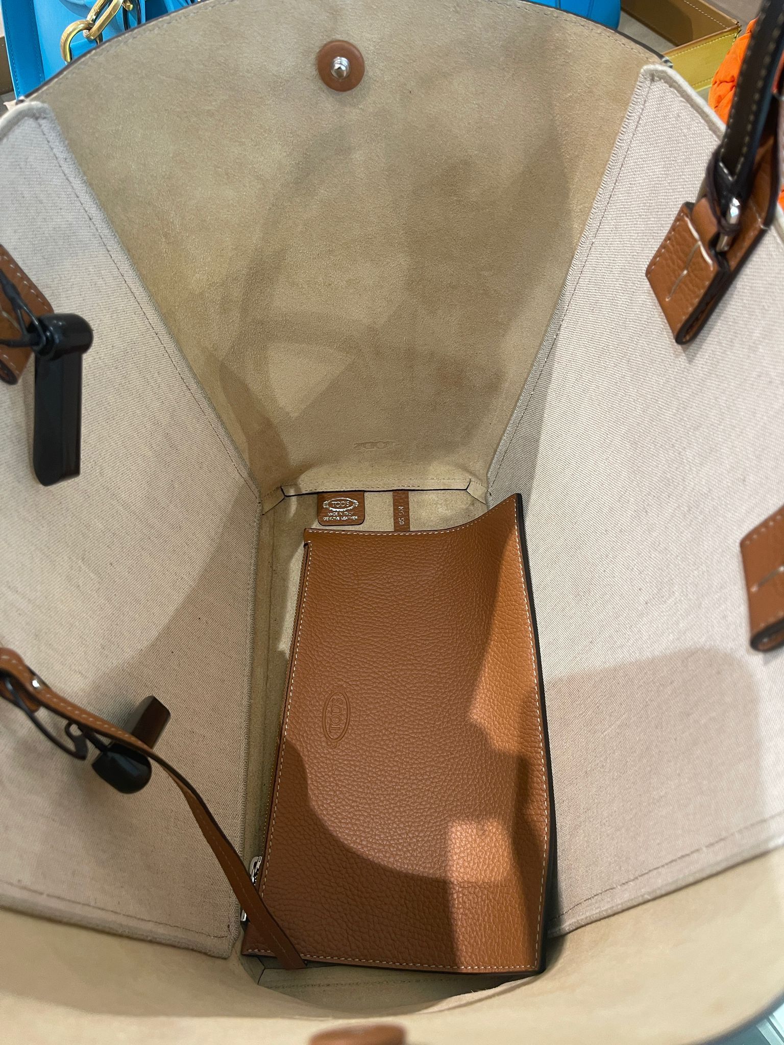 Tods XBWCLINA Canvas Tote Bag Tan & Beige