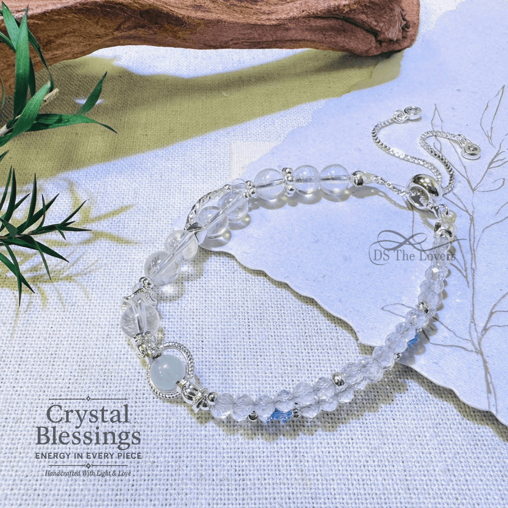天然水晶手鍊設計 月光之心｜白水晶X海藍寶平衡能量手鍊 情緒療癒｜增強直覺｜清新舒眠｜天然水晶飾品
