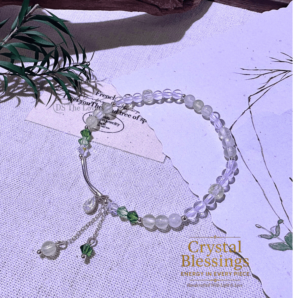 天然水晶手鍊 925純銀 綠森微光 葡萄石 X 白水晶 心輪淨化手鍊