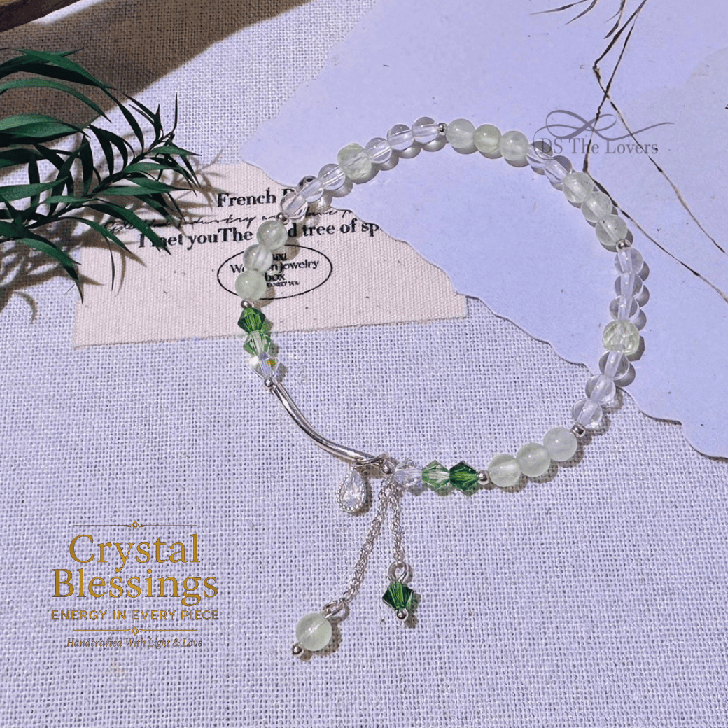 天然水晶手鍊 925純銀 綠森微光 葡萄石 X 白水晶 心輪淨化手鍊
