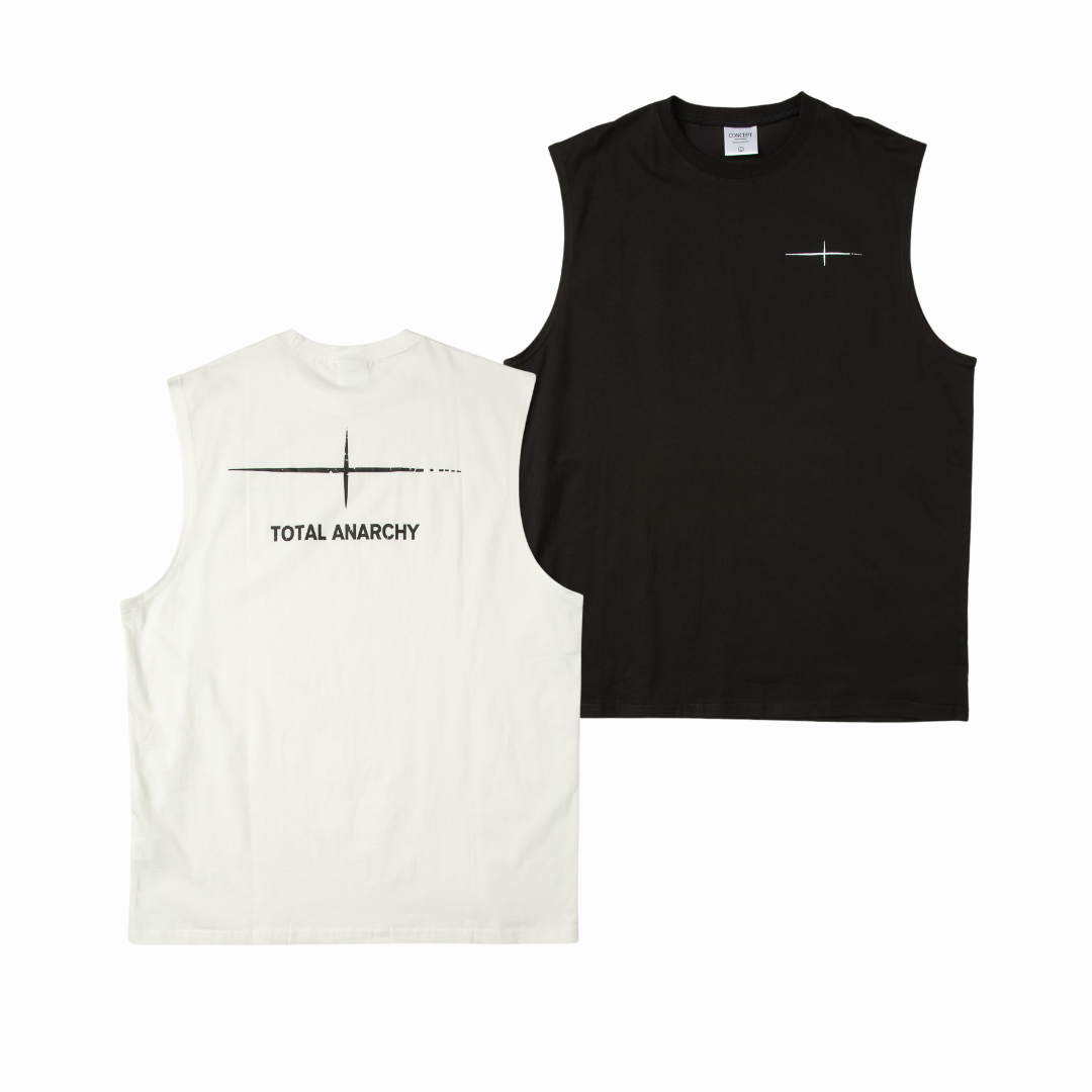 背心 寬肩 無袖 寬鬆 寬版 男生背心 白色 黑色 十字芒星【 FUZY 】- S201693