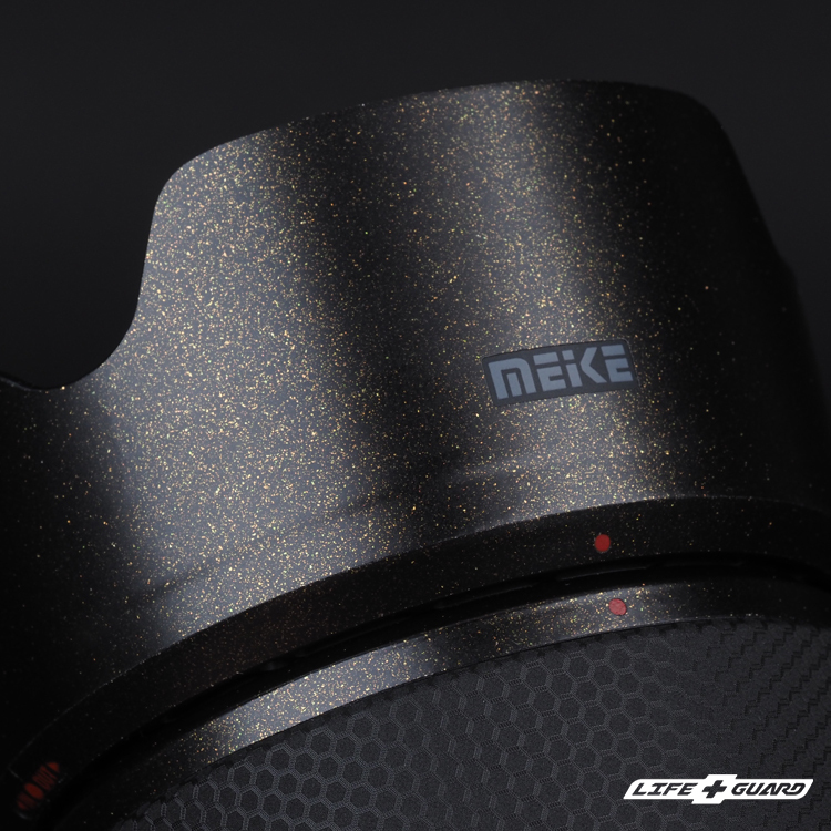 LIFE+GUARD 遮光罩貼膜安裝示意圖，適用 Meike 55mm F1.8 PRO