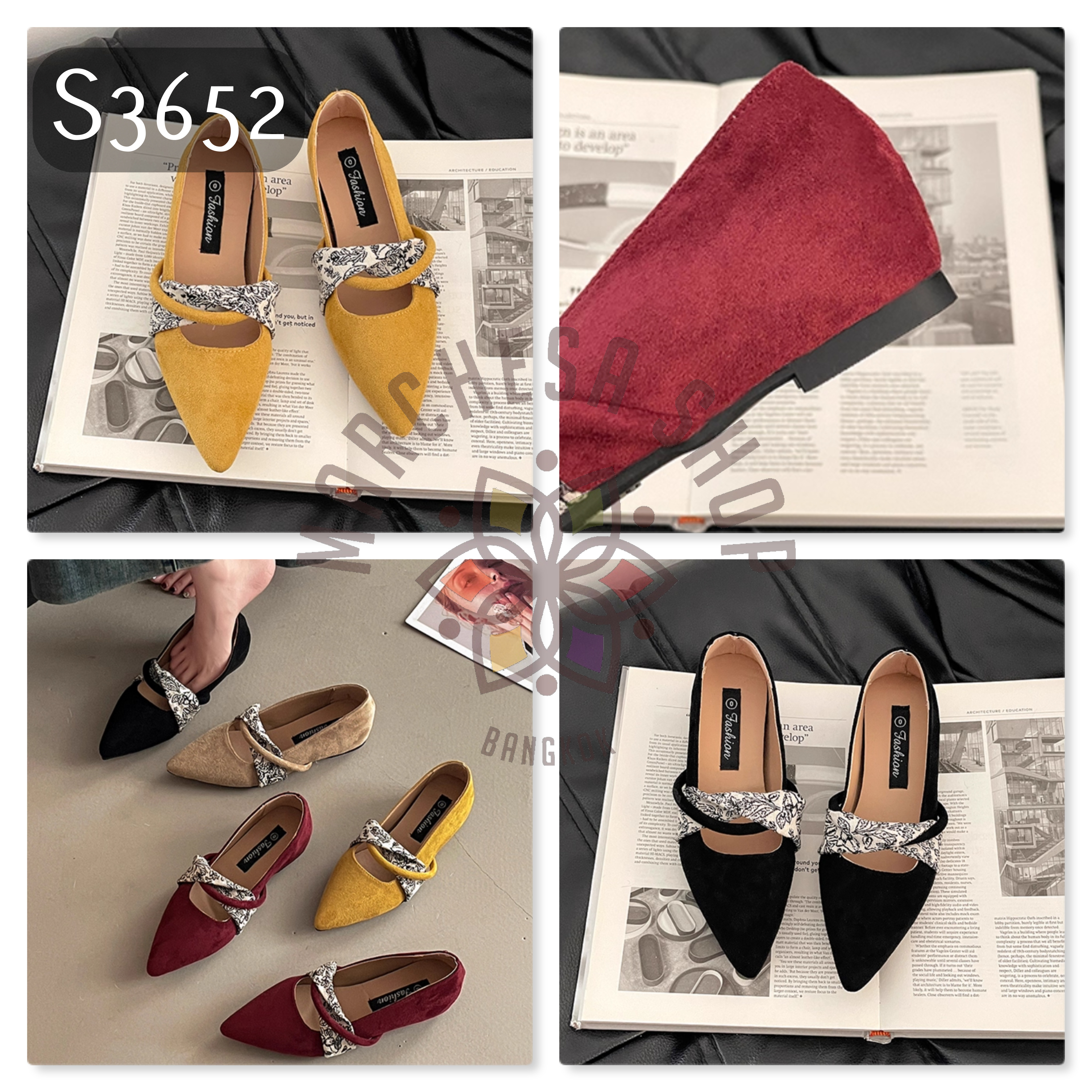 S3652 - 牛猄皮布結尖頭內增高鞋