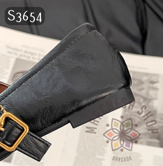 S3654 - 牛皮銅裝飾一字帶方頭平底鞋