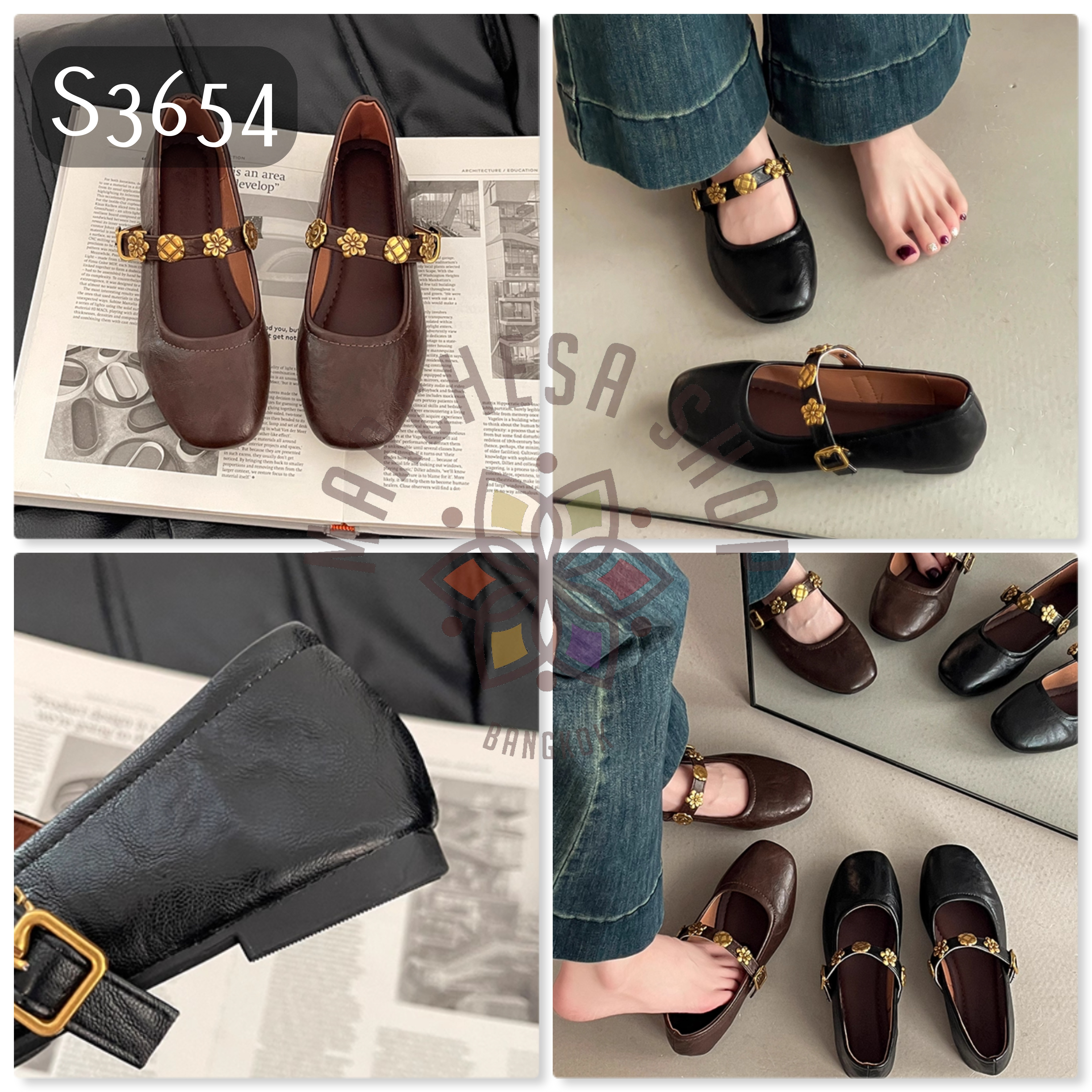 S3654 - 牛皮銅裝飾一字帶方頭平底鞋