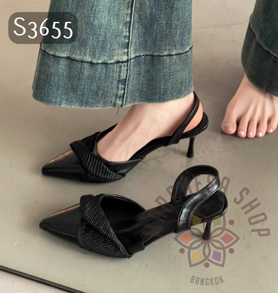 S3655 - 牛皮中空扭帶尖頭高踭鞋