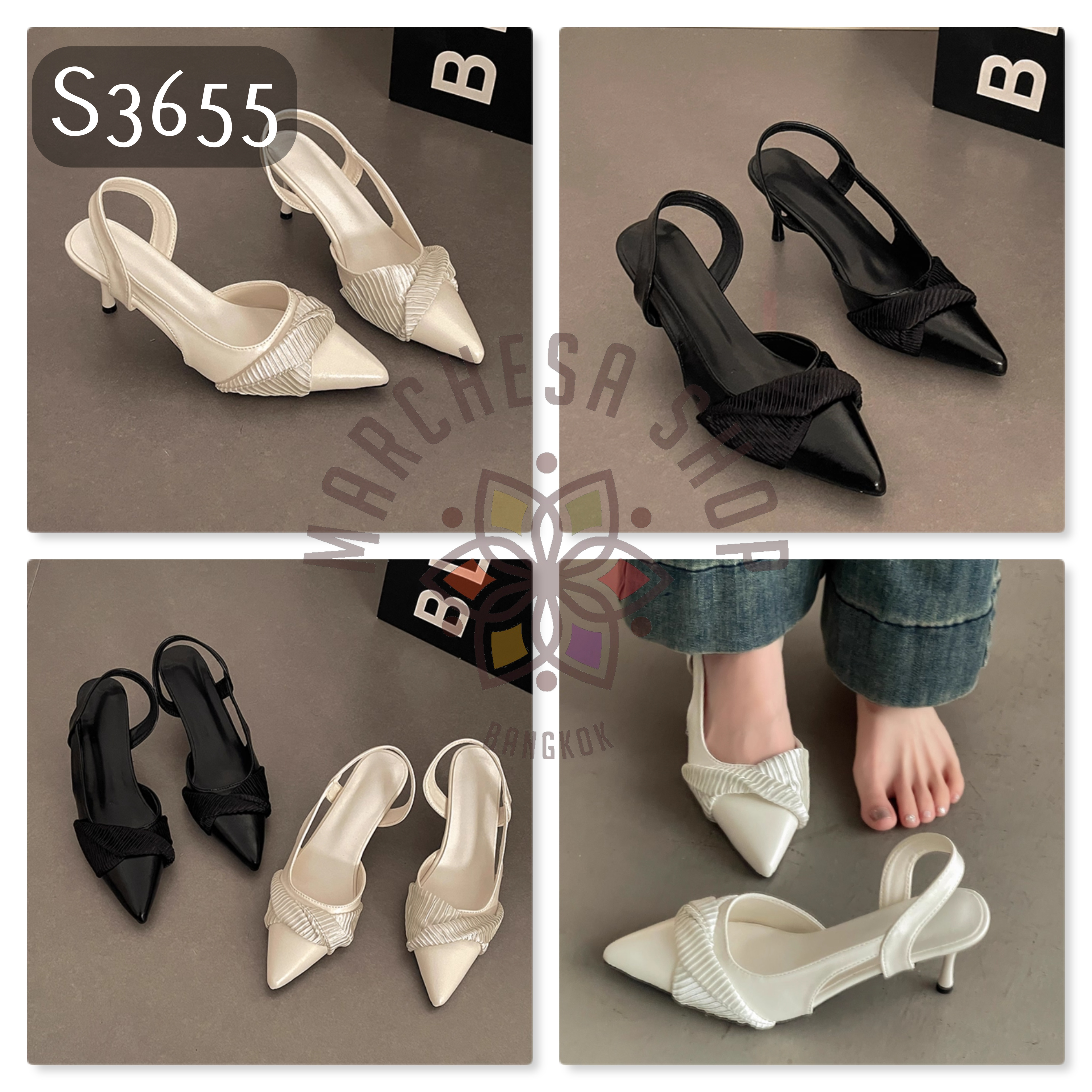 S3655 - 牛皮中空扭帶尖頭高踭鞋