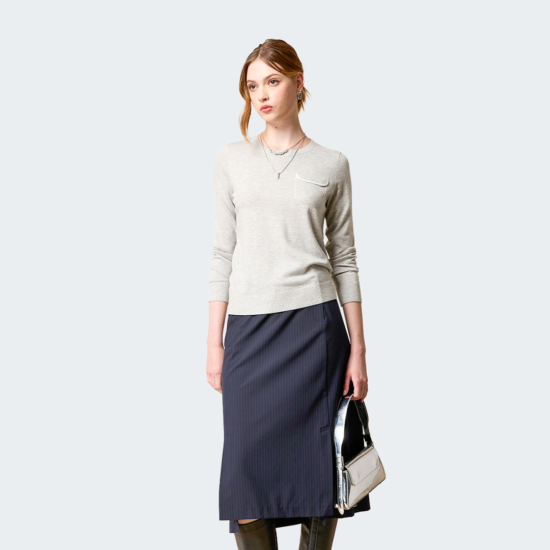 日式細緻條紋不規則裙擺西裝中長裙