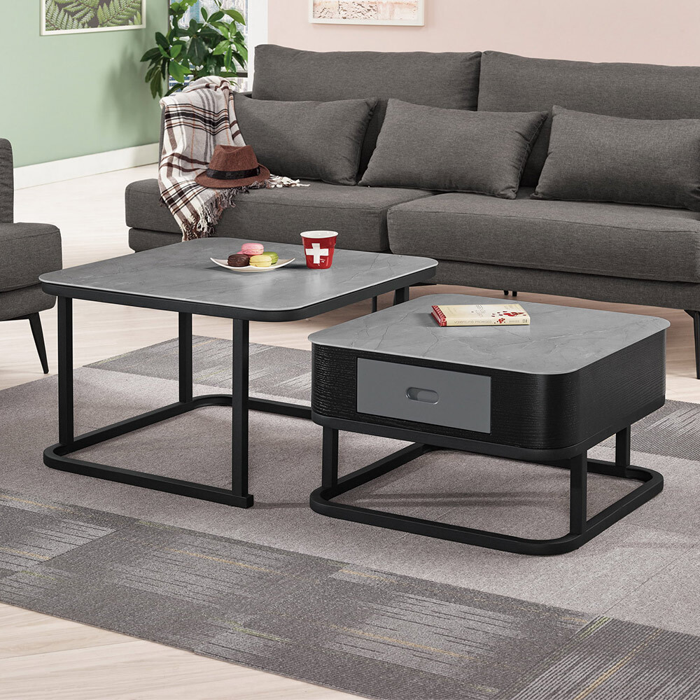 貝爾塔4.3尺工業風伸縮仿石紋玻璃茶几組合(2.3尺大茶几+2尺小茶几)