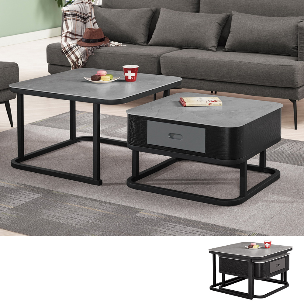 貝爾塔4.3尺工業風伸縮仿石紋玻璃茶几組合(2.3尺大茶几+2尺小茶几)