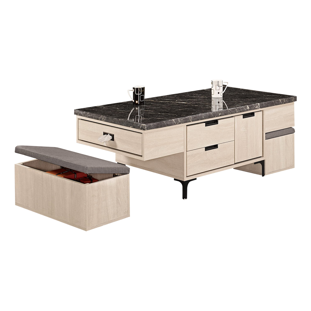 奈迪4.4尺黑色石面大茶几(附收納椅凳二入)