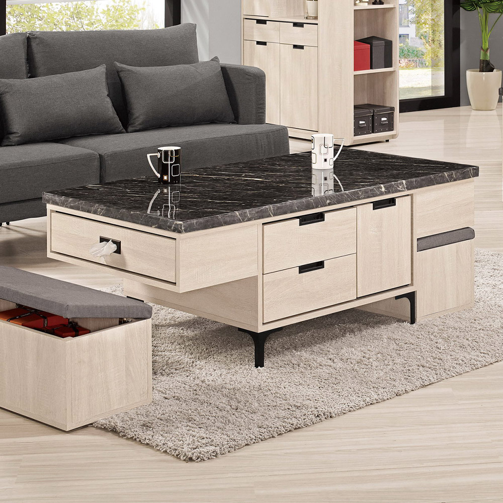 奈迪4.4尺黑色石面大茶几(附收納椅凳二入)