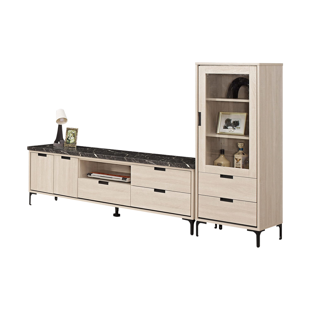 奈迪7.8尺L型石面電視櫃組合(1.8尺展示櫃+6尺黑色石面長櫃)