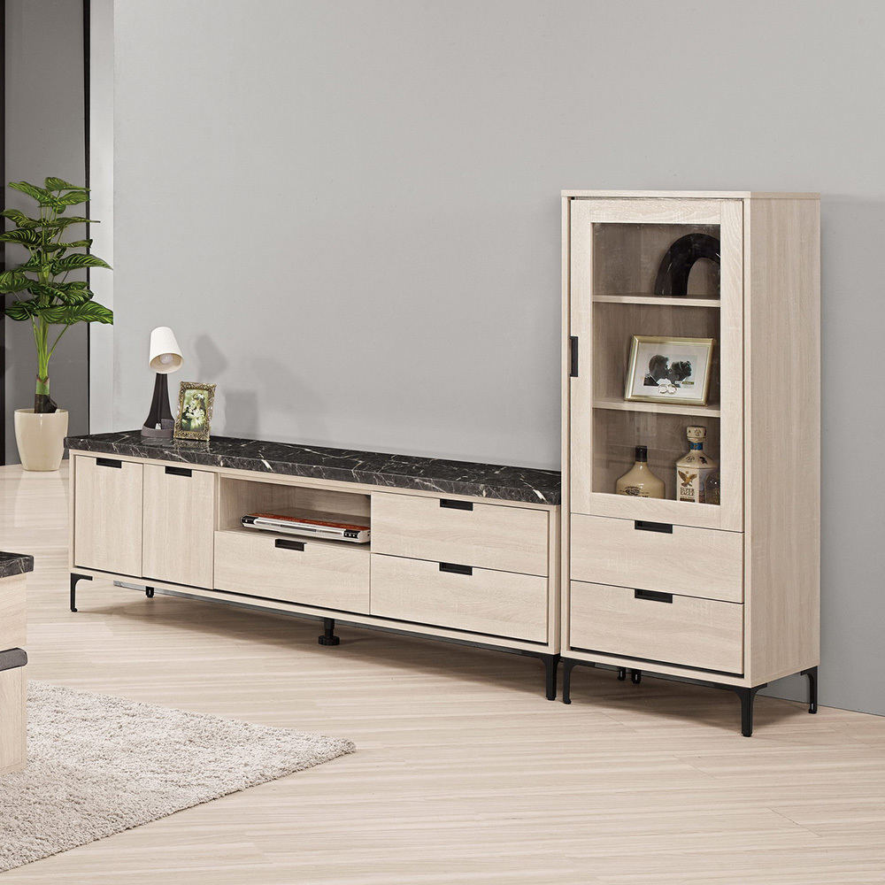 奈迪7.8尺L型石面電視櫃組合(1.8尺展示櫃+6尺黑色石面長櫃)