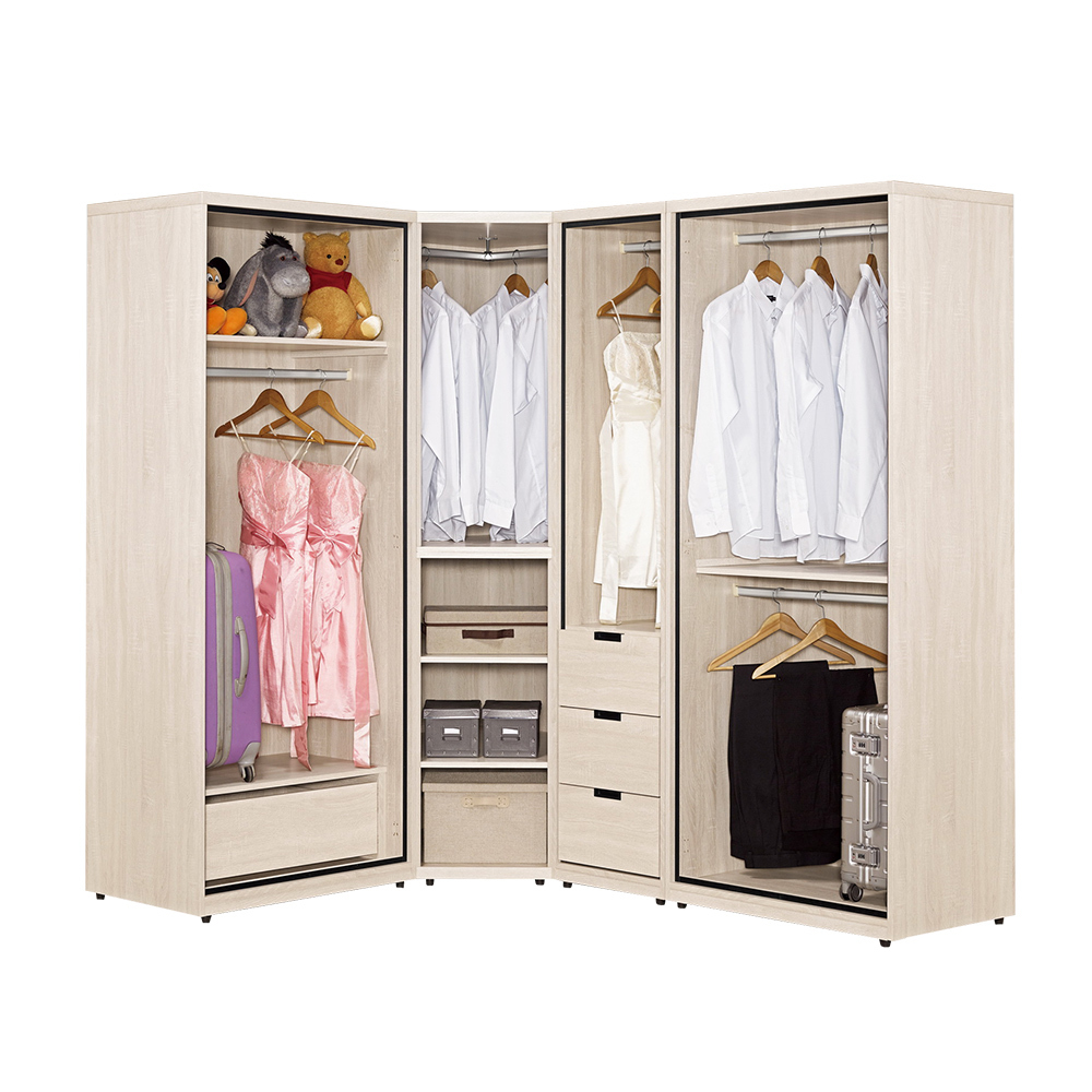 奈迪9.6尺L型多功能衣櫃組合(單吊+單吊+單吊+雙吊)