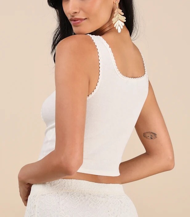 Cream奶油白色編織邊飾棉馬甲上衣