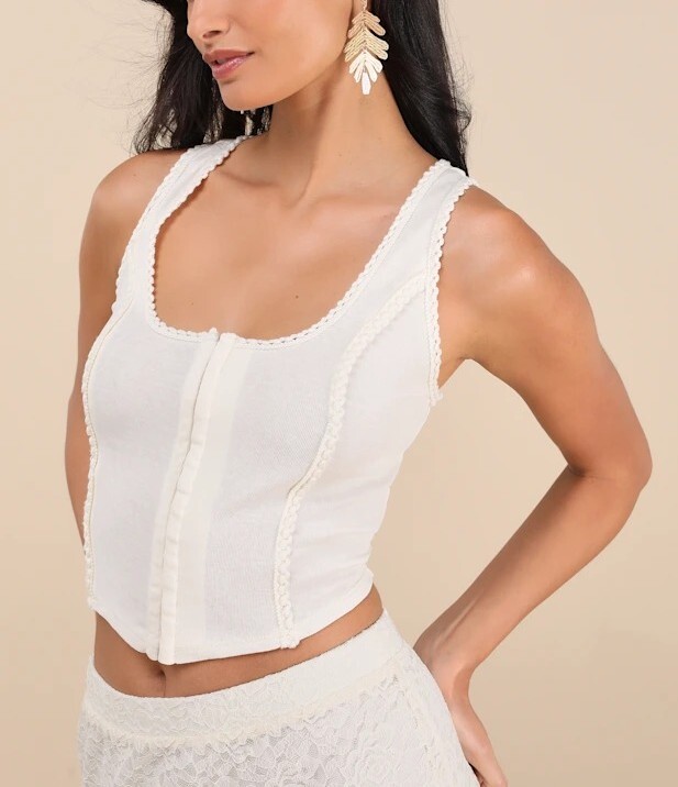 Cream奶油白色編織邊飾棉馬甲上衣