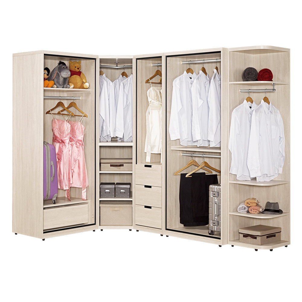 奈迪8.5尺L型多功能衣櫃組合(單吊+單吊+單吊+雙吊+轉角衣櫃)