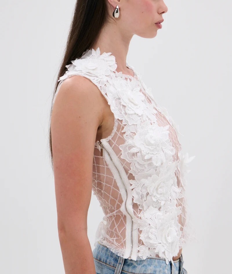 Lux Garden白色網紗格紋蕾絲立體花卉上衣