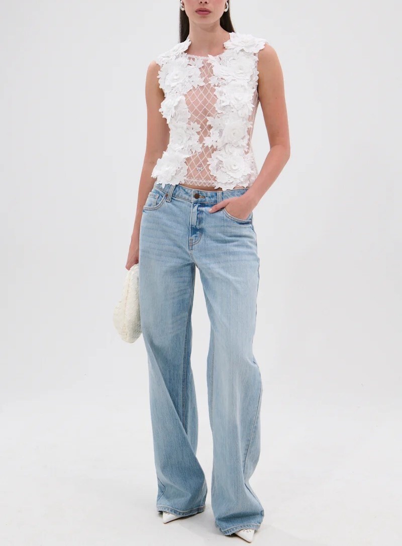 Lux Garden白色網紗格紋蕾絲立體花卉上衣