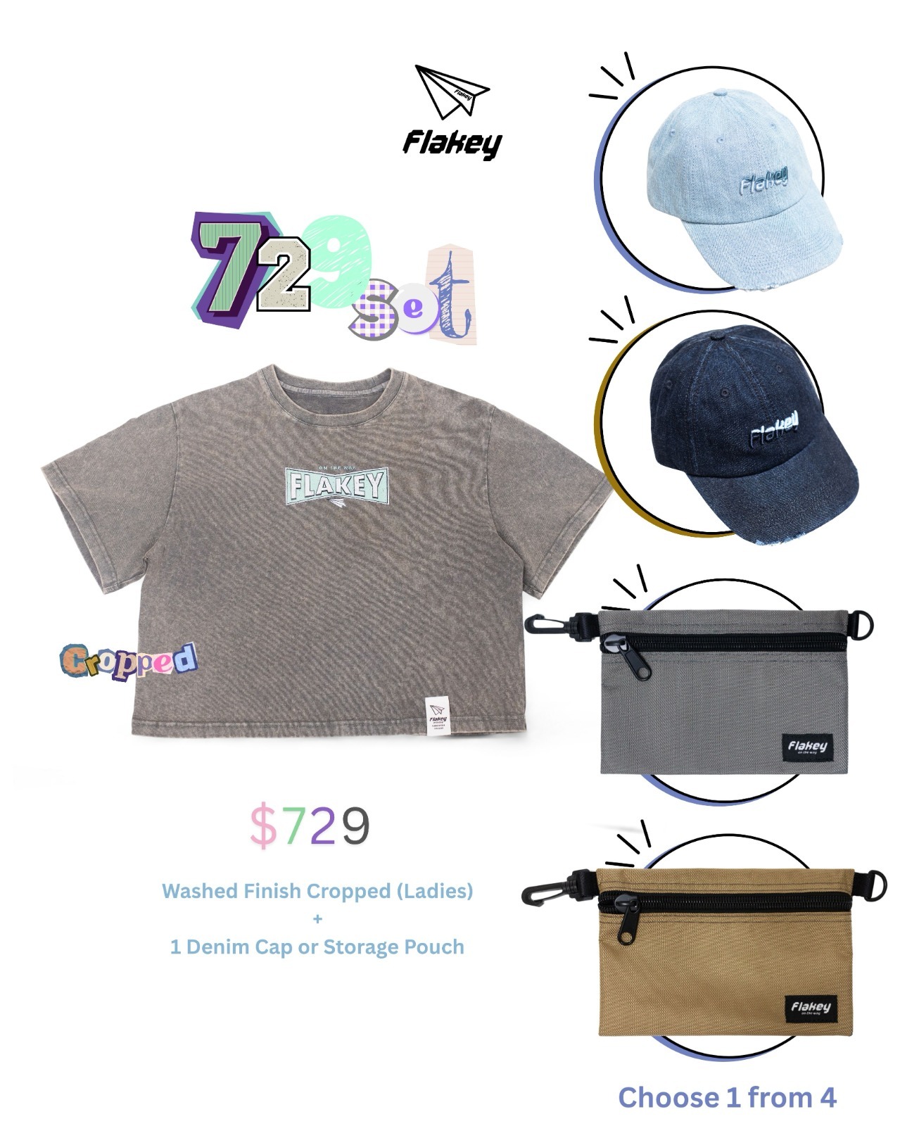 729 Snow-Washed Collection (Crop Tee + Cap or Pouch) Set 4
