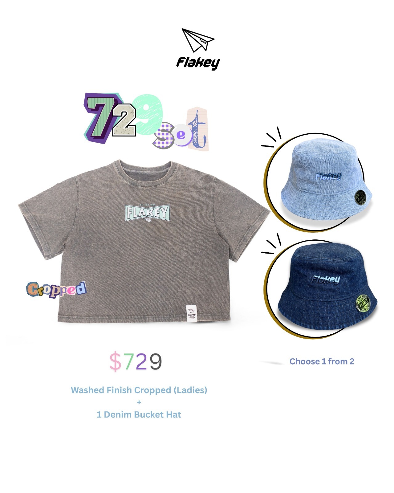 729 Snow-Washed Collection (Crop Tee + Bucket Hat) Set 3