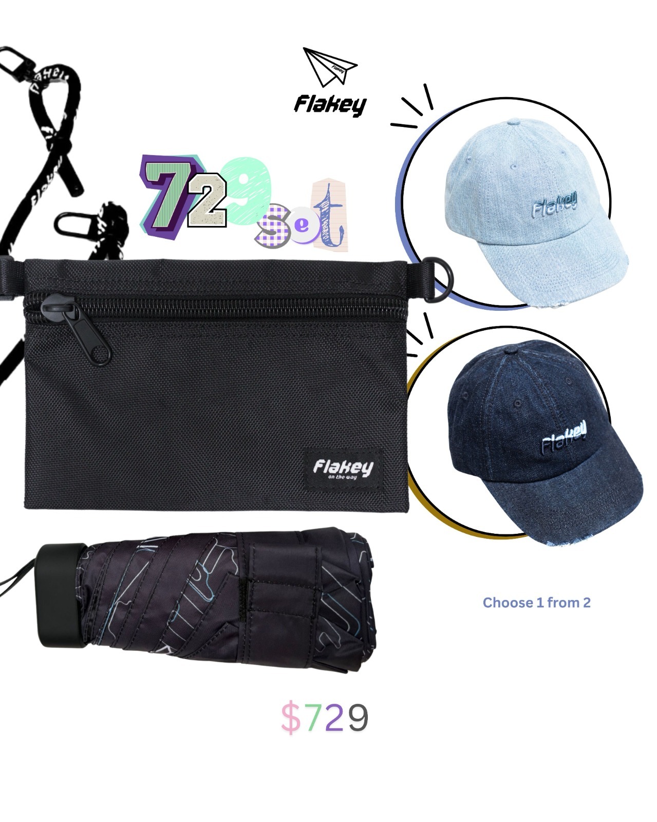 729 Snow-Washed Collection (Flakey Umbrella + Black Pouch + Denim Cap) Set 5