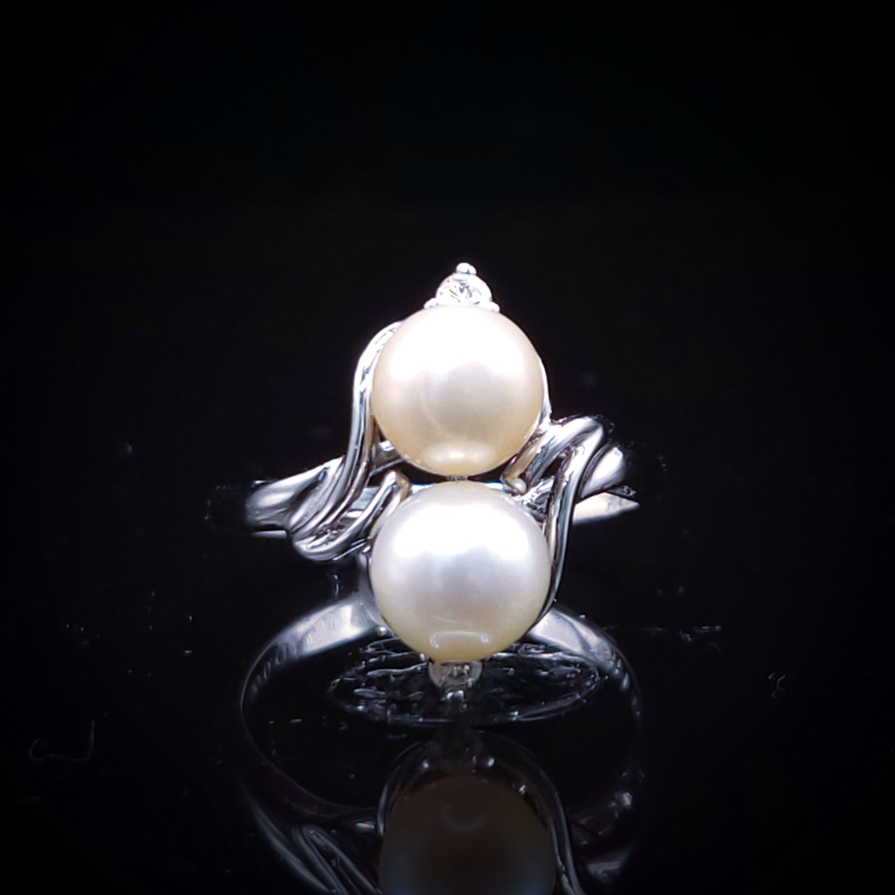 全新14K白金6份鑽石珍珠戒指