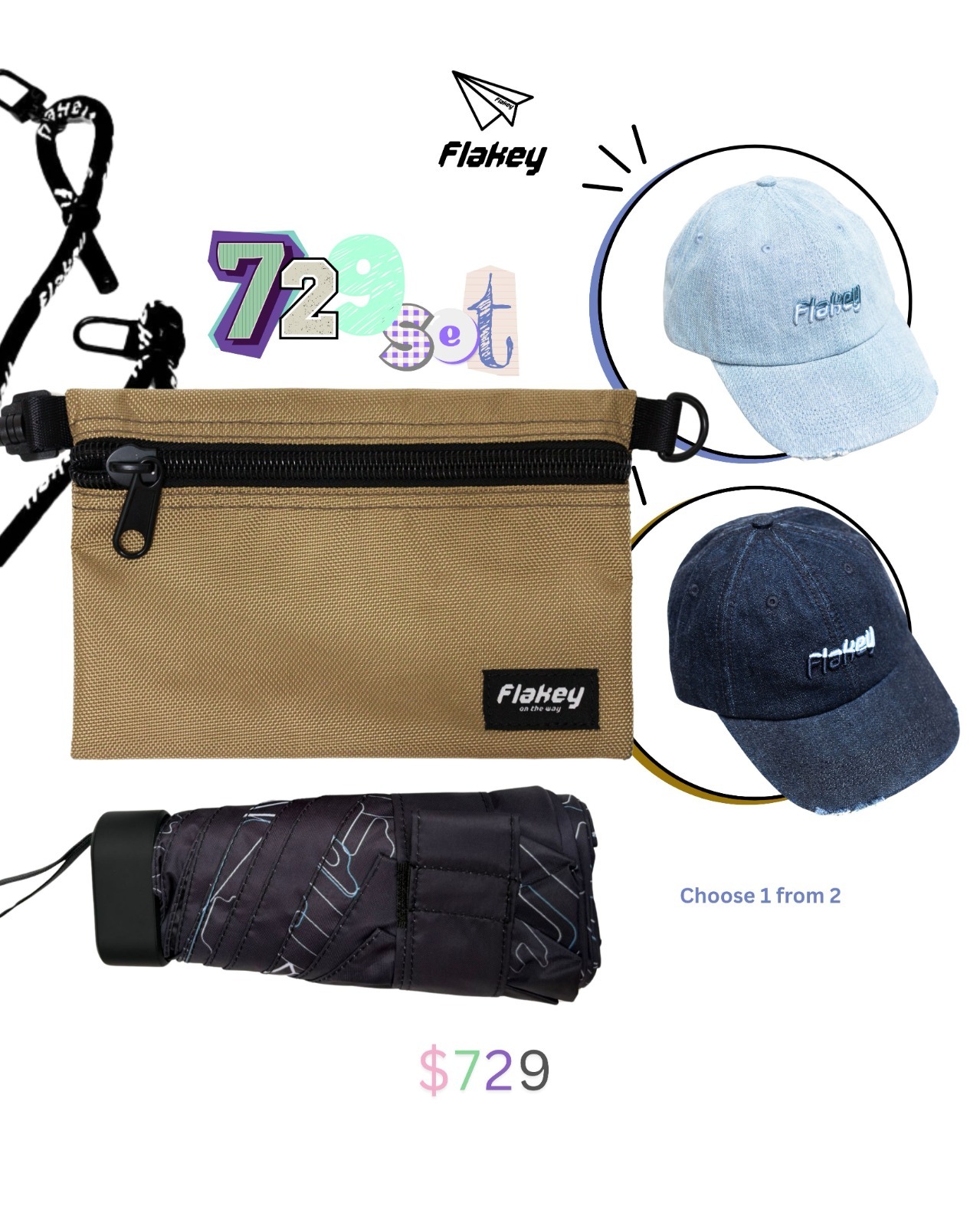 729 Snow-Washed Collection (Flakey Umbrella + Brown Pouch + Denim Cap) Set 6