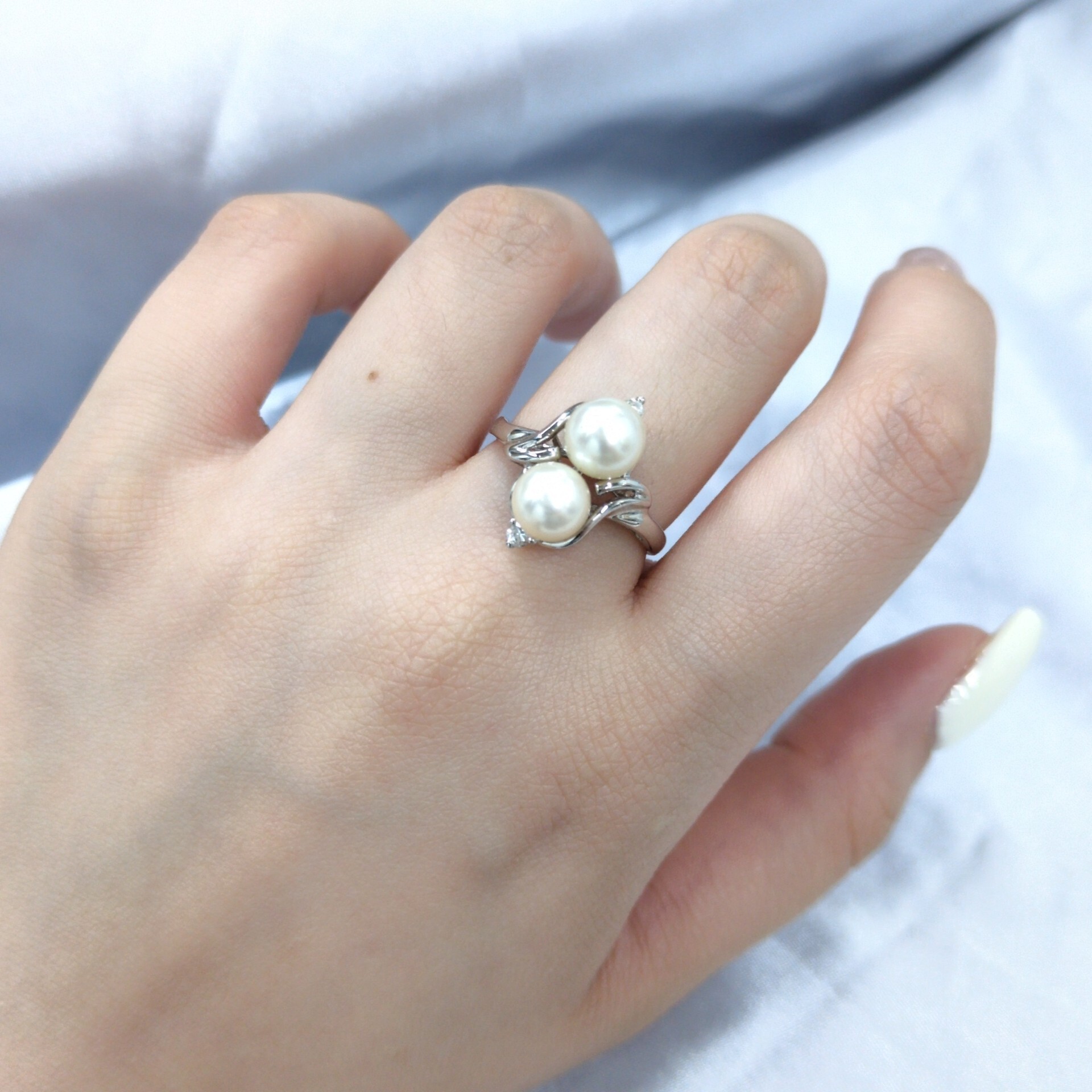 全新14K白金6份鑽石珍珠戒指