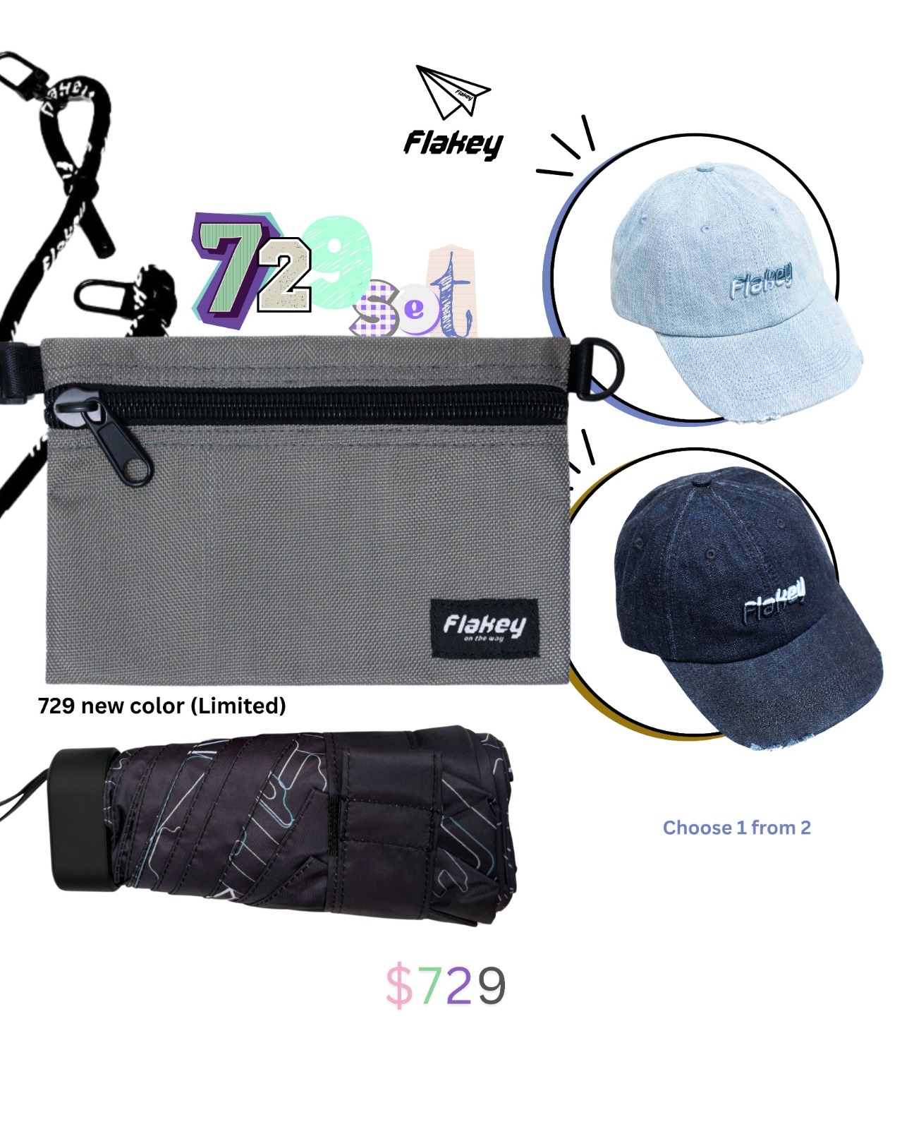 729 Snow-Washed Collection (Flakey Umbrella + Grey Pouch + Denim Cap) Set 7