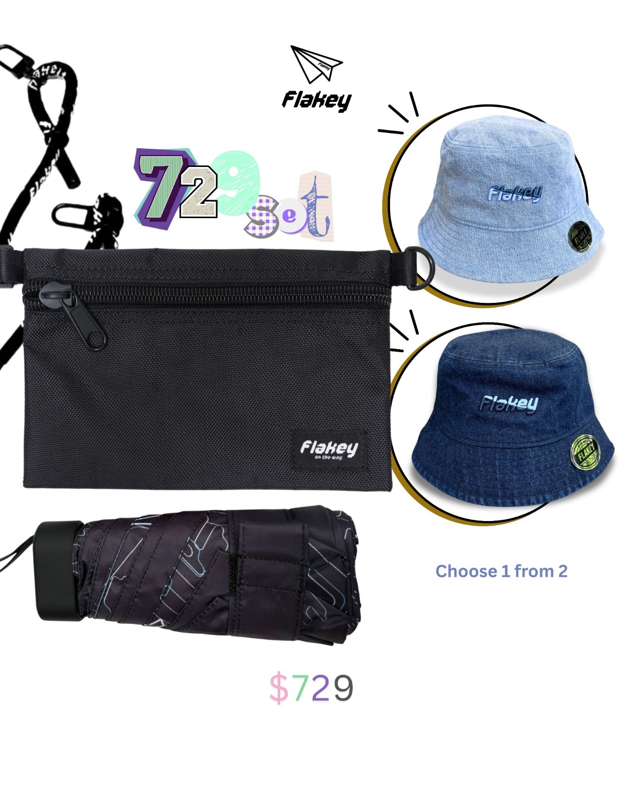 729 Snow-Washed Collection (Flakey Umbrella + Black Pouch + Bucket Hat) Set 8